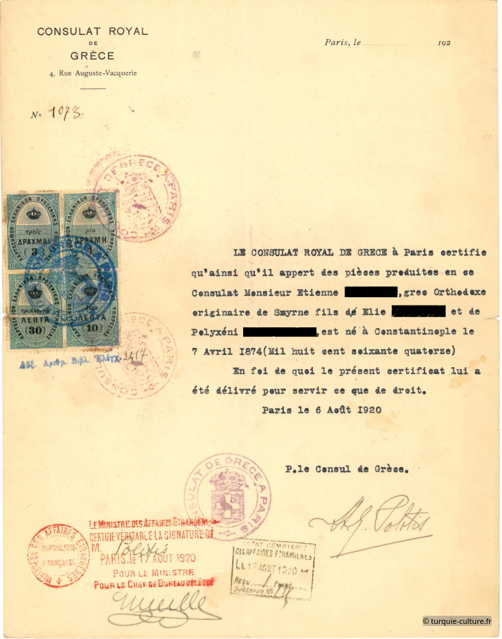 Certificat consulat Grèce 1920